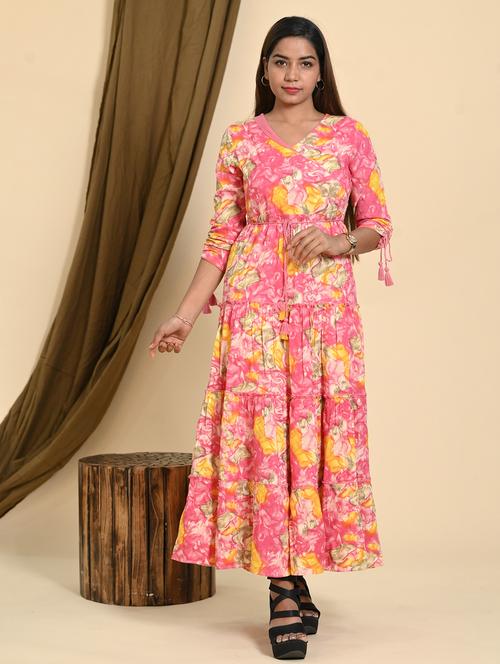 women printed three quarter slevee tiered dress - 22239280 - Very Small Image - 1