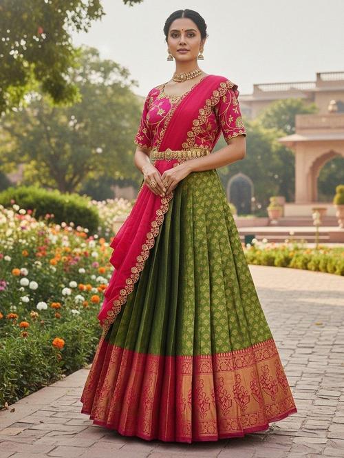 Women Self Design South Indian Style Unstitched Lehenga Choli - 22240677 - Very Small Image - 1