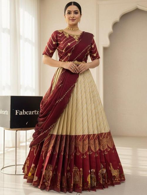 Women Self Design South Indian Style Unstitched Lehenga Choli - 22240684 - Very Small Image - 1