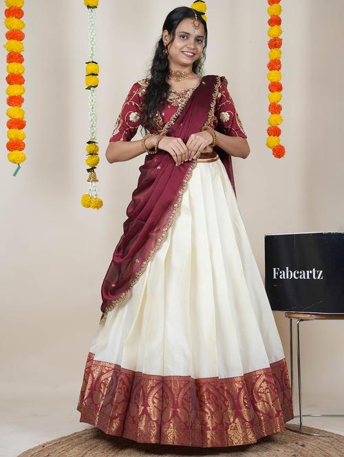women self design south indian style unstitched lehenga choli - 22240701 - Very Small Image - 1