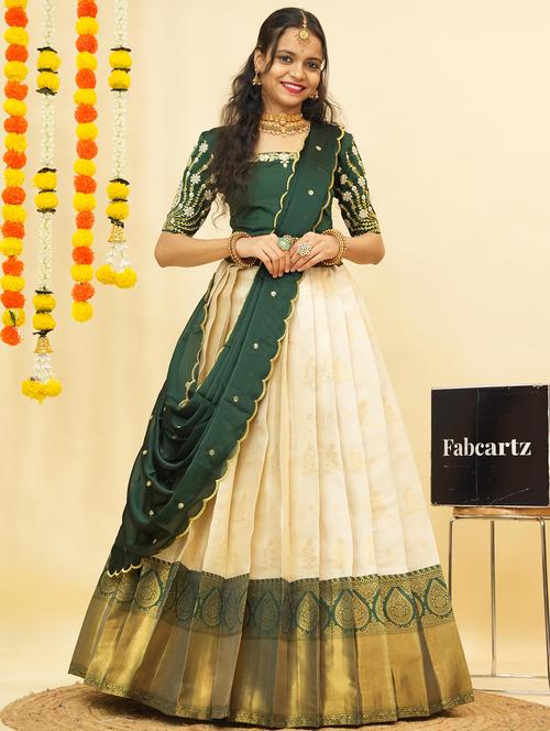 women self design south indian style unstitched lehenga choli - 22240770 - Very Small Image - 1