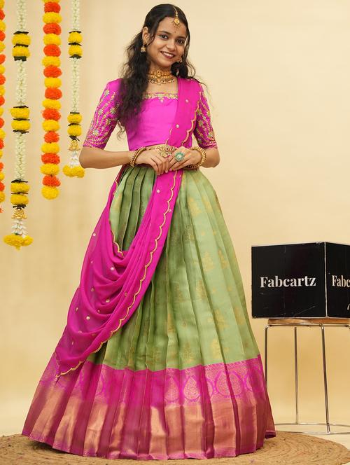women self design south indian style unstitched lehenga choli - 22240774 - Very Small Image - 1