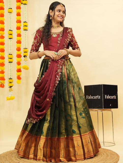 women self design south indian style unstitched lehenga choli - 22240802 - Very Small Image - 1