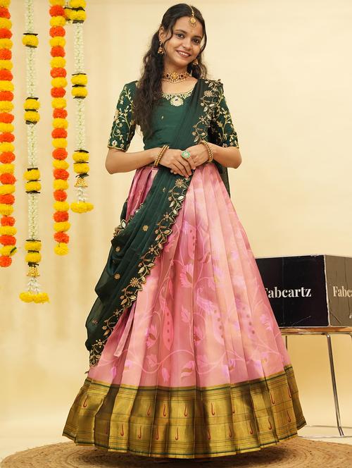 Women Self Design South Indian Style Unstitched Lehenga Choli - 22240804 - Very Small Image - 1