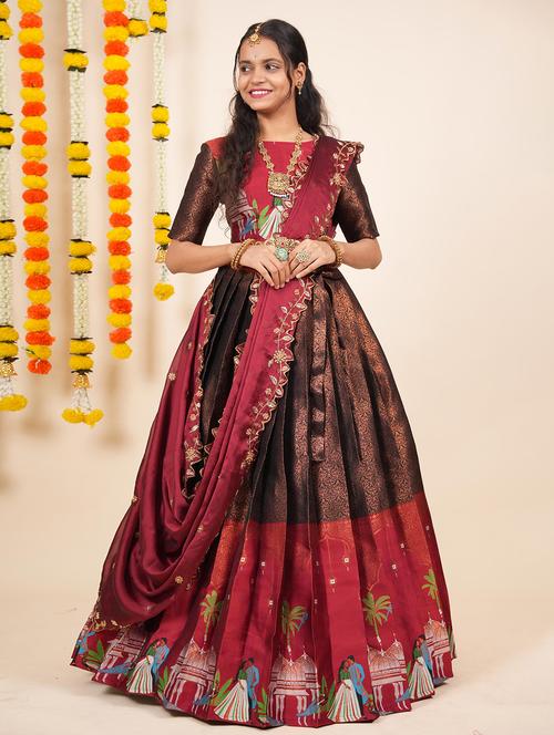 women self design south indian style unstitched lehenga choli - 22240810 - Very Small Image - 1