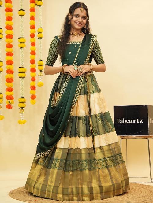 women self design south indian style unstitched lehenga choli - 22240822 - Very Small Image - 1