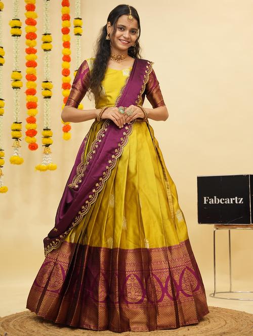 women self design south indian style unstitched lehenga choli - 22240826 - Very Small Image - 1