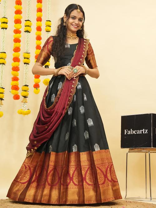 women self design south indian style unstitched lehenga choli - 22240832 - Very Small Image - 1