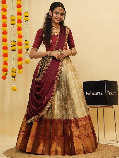 women self design south indian style unstitched lehenga choli - 22240855 - Very Small Image - 1