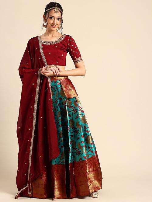 women self design south indian style stitched lehenga choli - 22240874 - Very Small Image - 1