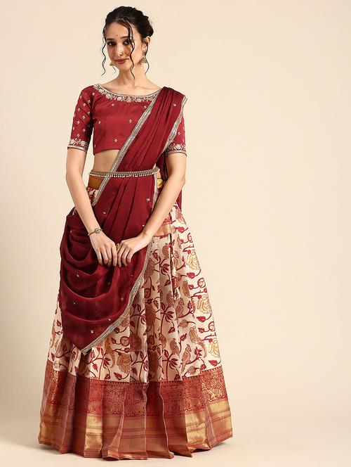 women self design south indian style stitched lehenga choli - 22240876 - Very Small Image - 1