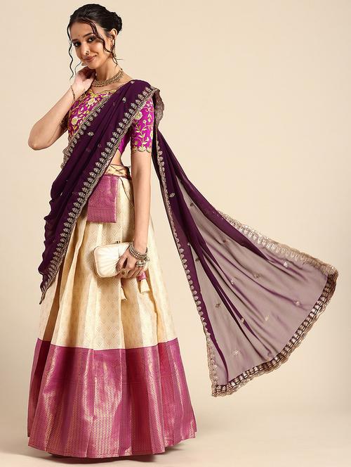 Women Self Design South Indian Style Unstitched Lehenga Choli - 22240885 - Very Small Image - 1
