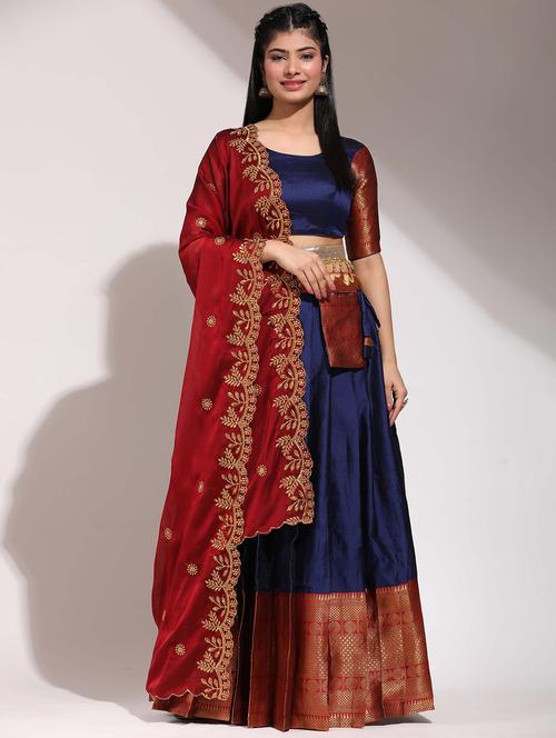 Women Self Design South Indian Style Unstitched Lehenga Choli - 22240892 - Very Small Image - 1