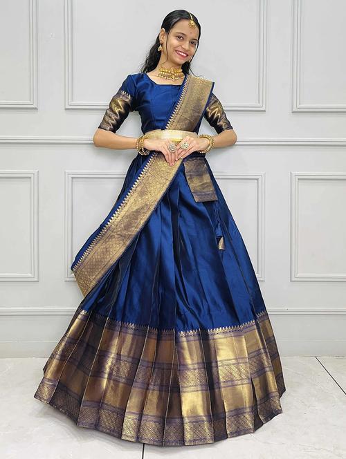 Women Self Design South Indian Style Unstitched Lehenga Choli - 22240910 - Very Small Image - 1