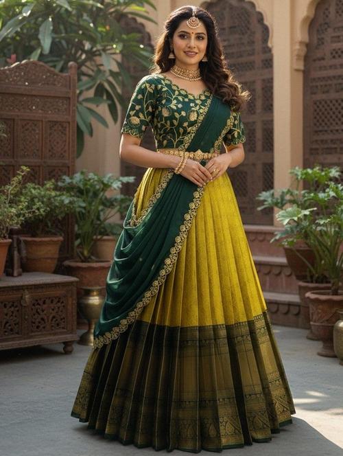 Women Self Design South Indian Style Unstitched Lehenga Choli - 22240930 - Very Small Image - 1