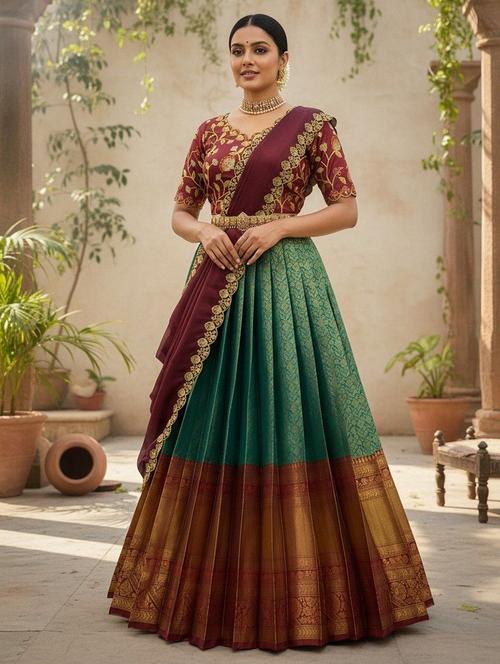 Women Self Design South Indian Style Unstitched Lehenga Choli - 22240932 - Very Small Image - 1