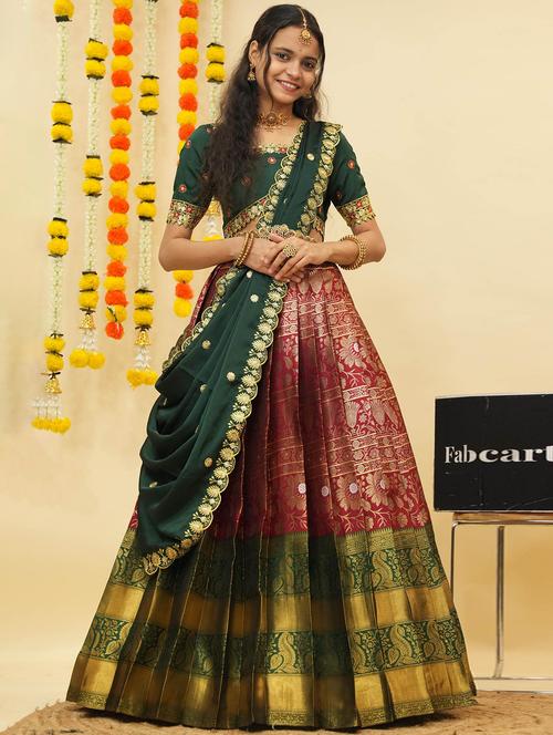 women self design south indian style unstitched lehenga choli - 22240945 - Very Small Image - 1