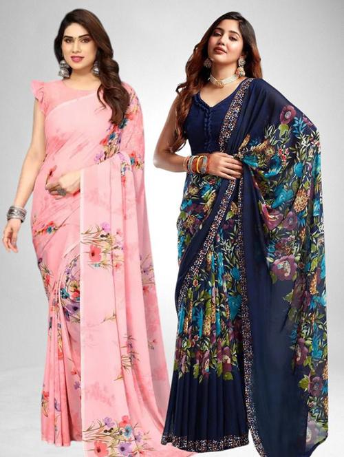 women pack of 2 printed combo saree with blouse - 22243572 - Very Small Image - 1