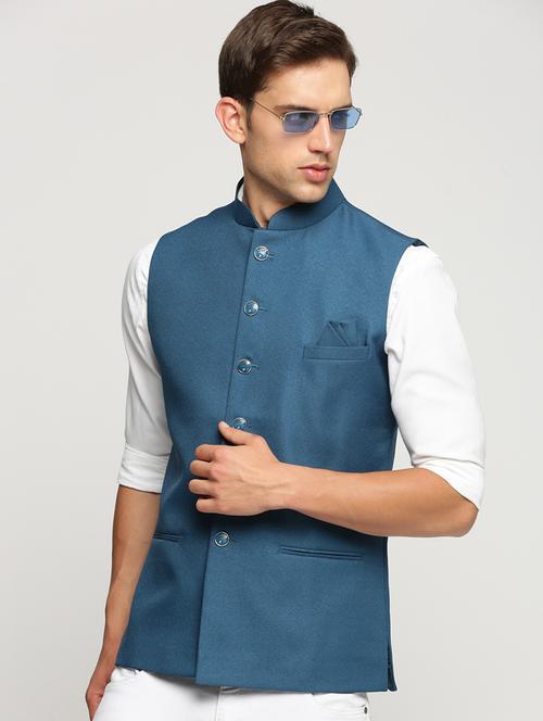 men solid mandarin neck regular fit nehru jacket - 22244201 - Very Small Image - 1