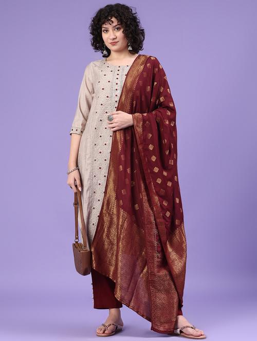 women solid with work three quarter sleeve kurta pant with dupatta set - 22246536 - Very Small Image - 1