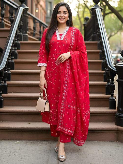 women printed three quarter sleeve kurta pant with dupatta set - 22253567 - Very Small Image - 1