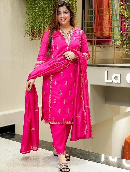 women solid with work three quarter sleeve kurta pant with dupatta set - 22253582 - Very Small Image - 1