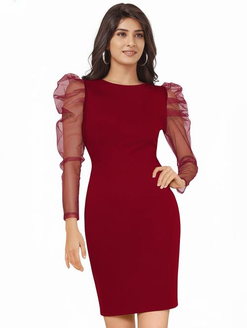 women solid puff sleeve bodycon dress - 22254461 - Very Small Image - 1