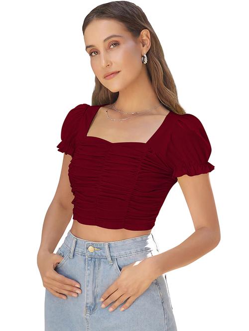 women solid puff sleeve ruched crop top - 22254511 - Very Small Image - 1