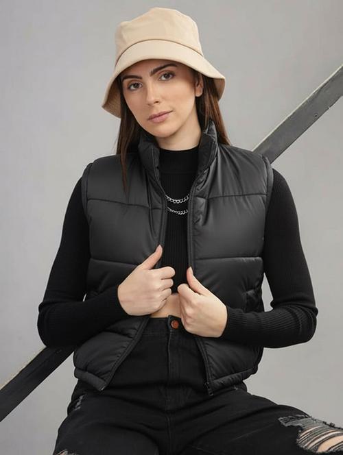 women solid sleeveless cropped puffer jacket - 22259250 - Very Small Image - 1