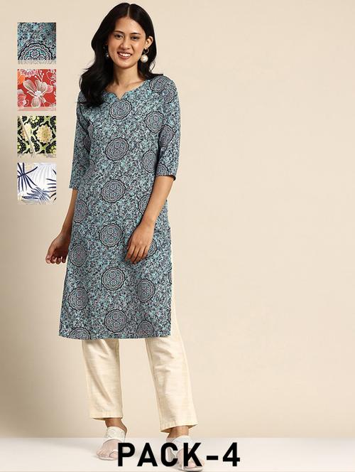 women pack of 4 printed three quarter sleeve straight kurta - 22259949 - Very Small Image - 1