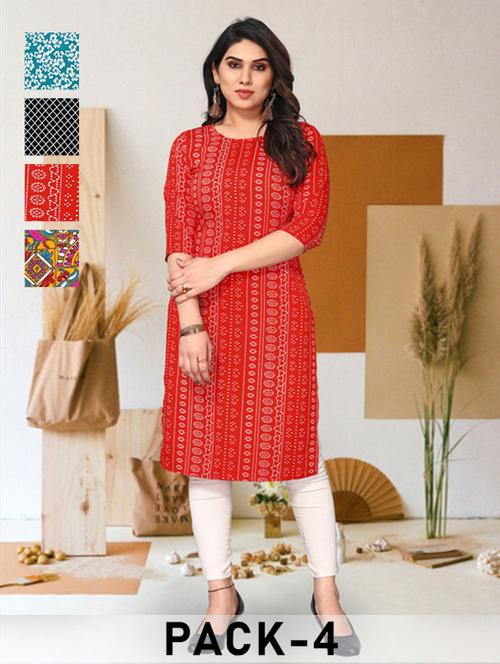 women pack of 4 printed three quarter sleeve straight kurta - 22260261 - Very Small Image - 1
