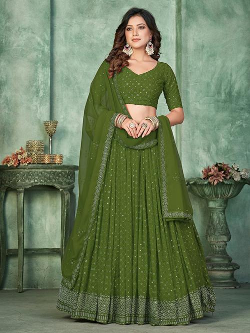 Women Solid With Work Semi Stitched Flared Lehenga - 22260689 - Very Small Image - 1