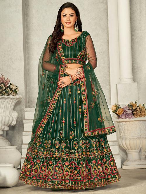 women solid with work semi stitched flared lehenga - 22260716 - Very Small Image - 1