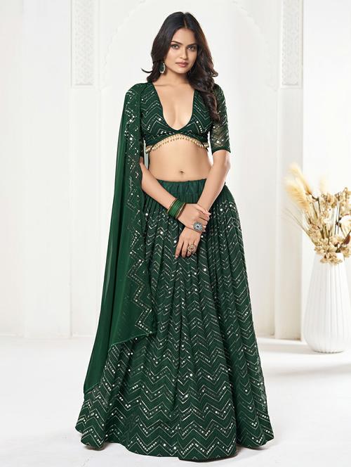 Women Solid With Work Semi Stitched Flared Lehenga - 22263476 - Very Small Image - 1