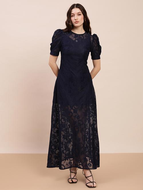 globus women navy blue round neck puff sleeves floral lace detail a-line maxi party dress - 22263511 - Very Small Image - 1