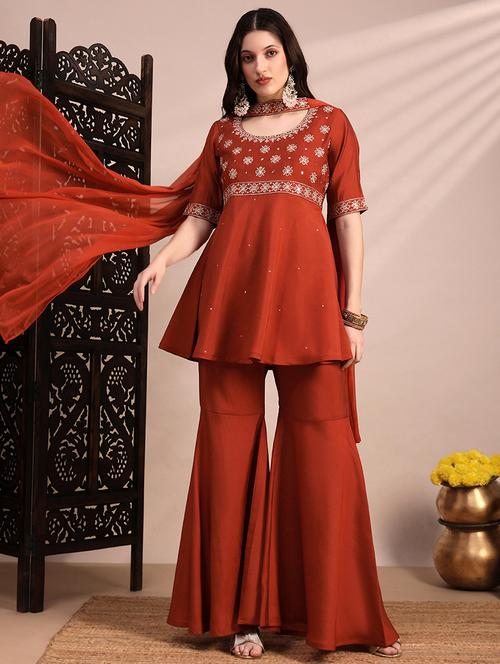 globus women orange sequinned & zari embroidered yoke tunic & gharara with choker dupatta festive co-ord se - 22263864 - Very Small Image - 1