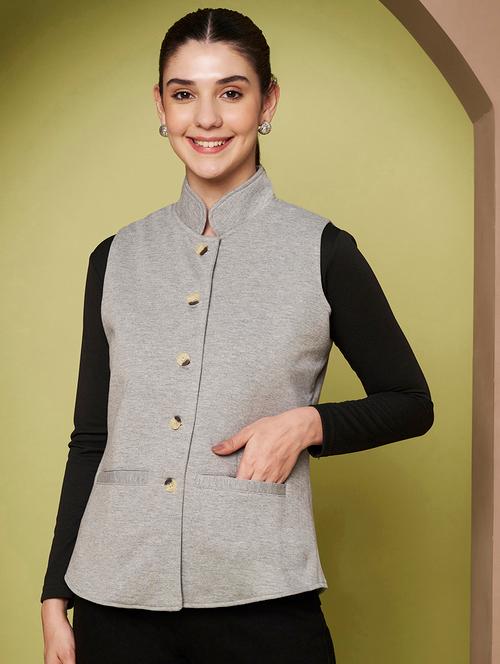 women solid sleeveless stand collar waist coat - 22265131 - Very Small Image - 1