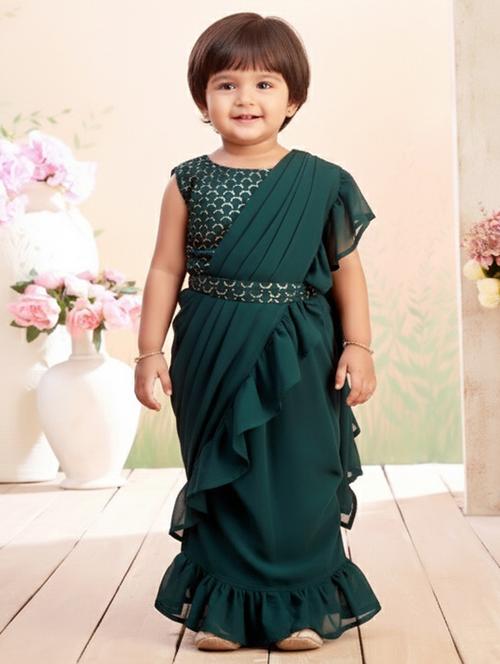 girls solid ruffle pre draped saree - 22265752 - Very Small Image - 1