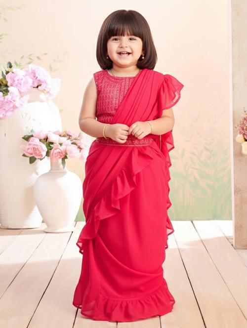 girls solid ruffle pre draped saree - 22265756 - Very Small Image - 1
