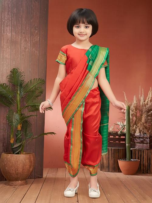 girls solid bordered ready to wear nauvari saree - 22265770 - Very Small Image - 1
