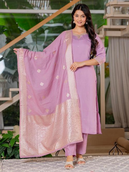 Women Solid With Work Three Quarter Sleeve Kurta Pant With Dupatta Set - 22266759 - Very Small Image - 1