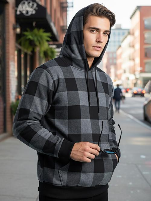 Men Checkered Long Sleeve Hooded Sweatshirt - 22268673 - Very Small Image - 1