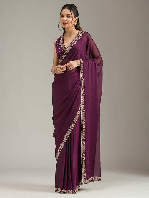 women solid with embellished bordered saree with blouse - 22272750 - Very Small Image - 1