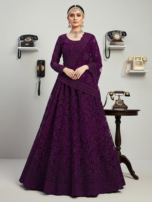 women solid with work semi stitched fit & flare gown - 22272898 - Very Small Image - 1
