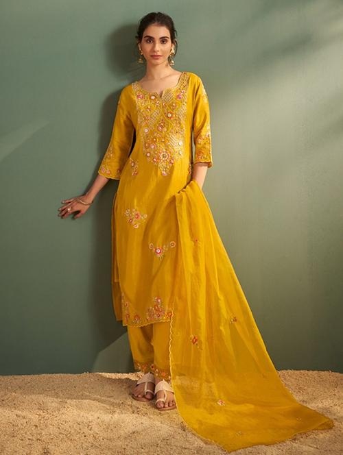 women solid with work three quarter sleeve kurta pant with dupatta set - 22273720 - Very Small Image - 1