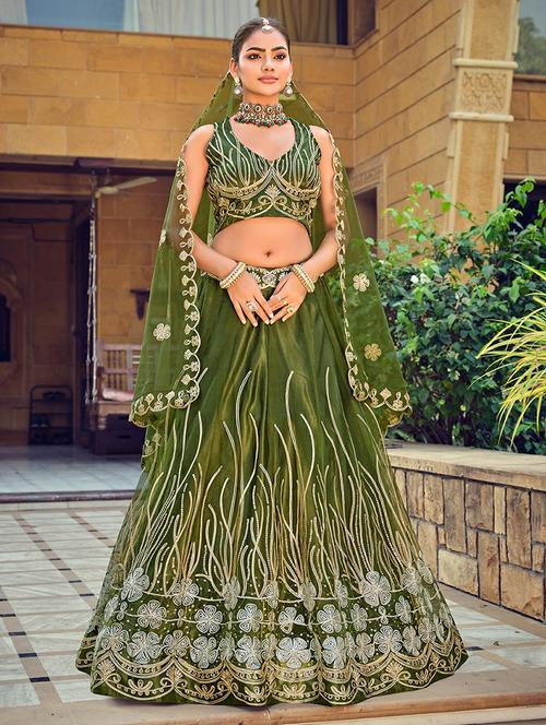Women Solid With Work Semi Stitched Flared Lehenga - 22274246 - Very Small Image - 1