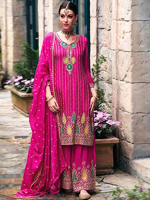 Women Solid With Work Semi-stitched Suit Set - 22276541 - Very Small Image - 1
