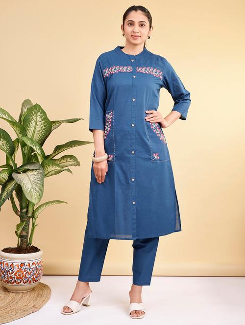women solid with work three quarter sleeve kurta pant set - 22280384 - Very Small Image - 1