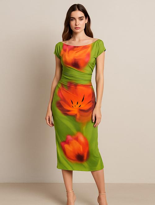 women printed cap sleeve bodycon dress - 22282078 - Very Small Image - 1