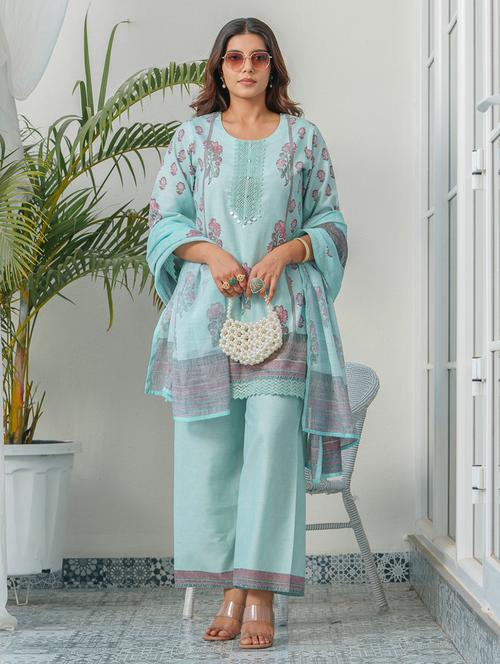 Women Floral Three Quarter Sleeve Kurta Pant With Dupatta Set - 22282170 - Very Small Image - 1